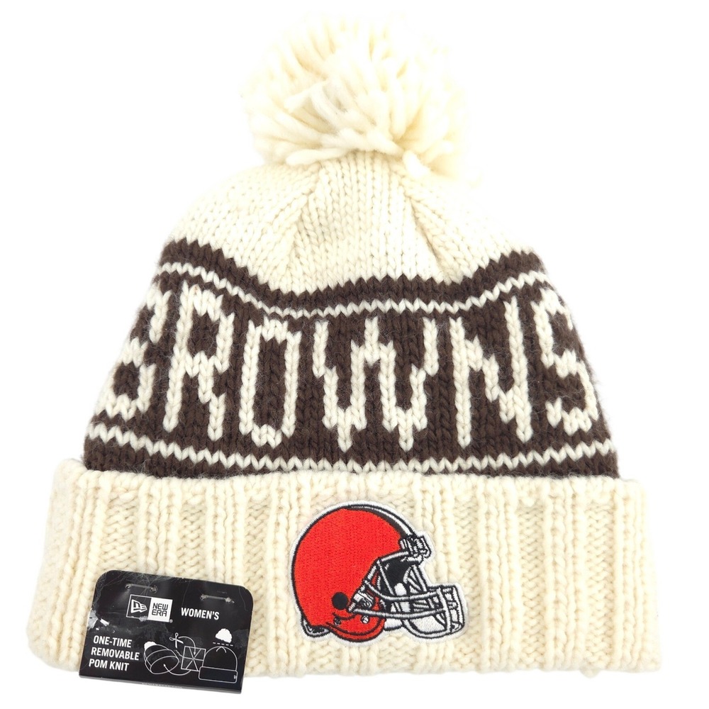 New Era Cleveland Browns Beanie Women Cream Brown Pom Fleece Lined Hat Adult NEW